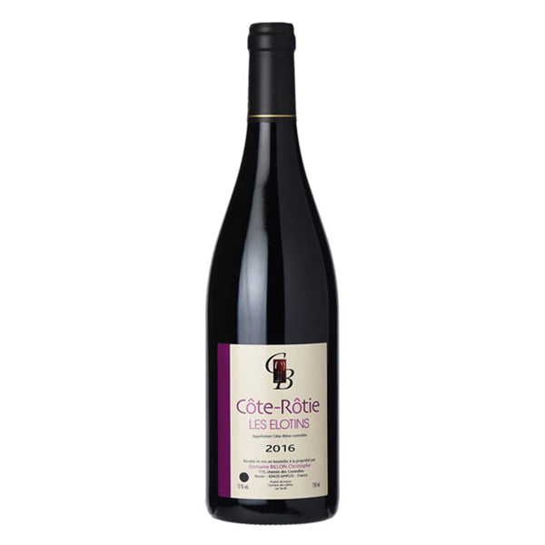 Christophe Billon Cote Rotie Elotins Red Wine Bottle with black topper and white label with purple elements