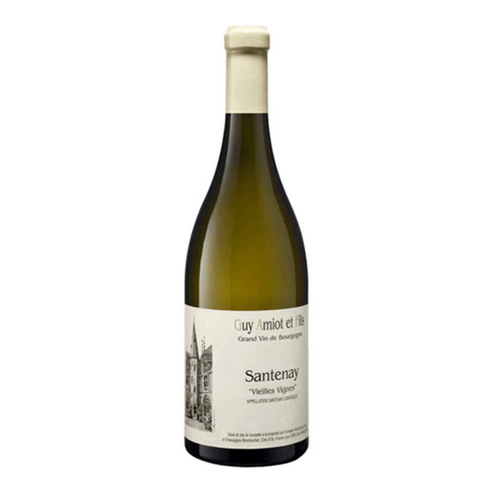 Domaine Guy Amiot Santenay "Vieilles Vignes" white wine bottle with white topper and label showing sketch of chateaux