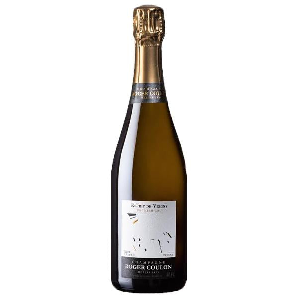 Roger Coulon Esprit de Vrigny 1er Cru Zero dosage Champagne Bottle with Gold foil topper and modern minimal label