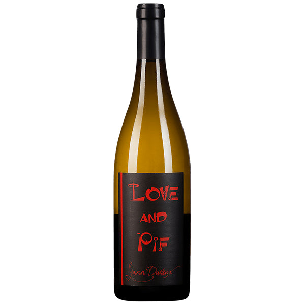 Yann Durieux Love and Pif White wine Bottle with black label and red vibrant writing