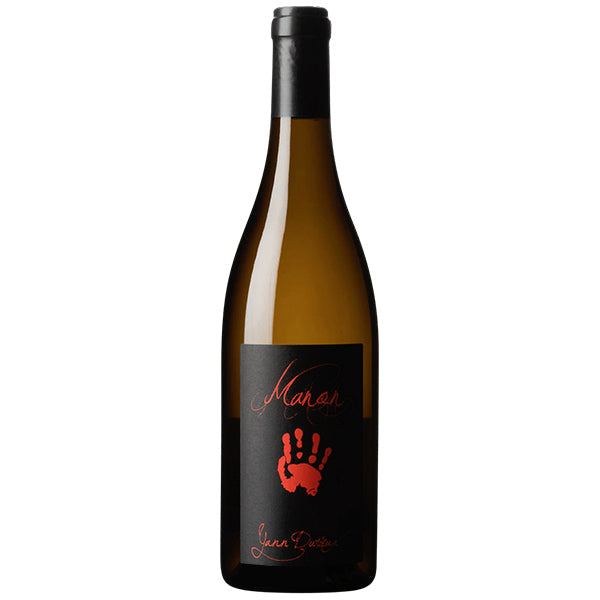 Yann Durieux Manon White Wine Bottle with black label showing red handprint