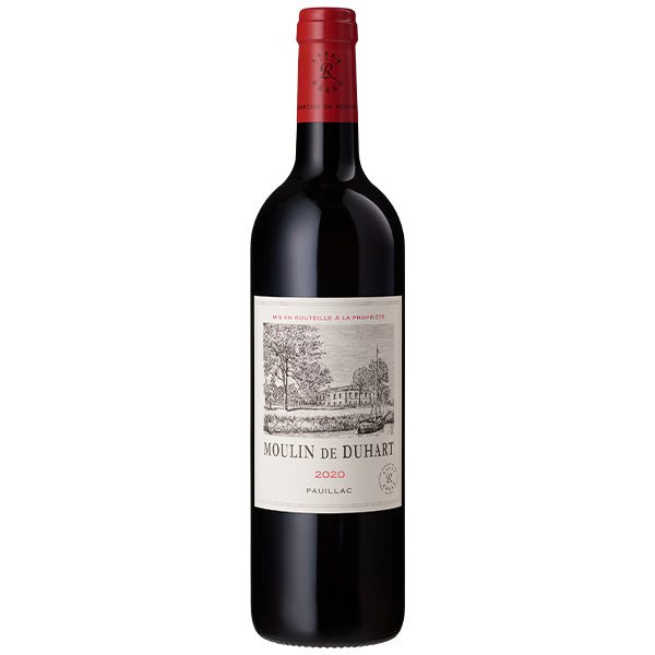 Château Duhart-Milon Moulin de Duhart Red wine bottle with red topper and white label showing sketch of vineyard and chateaux