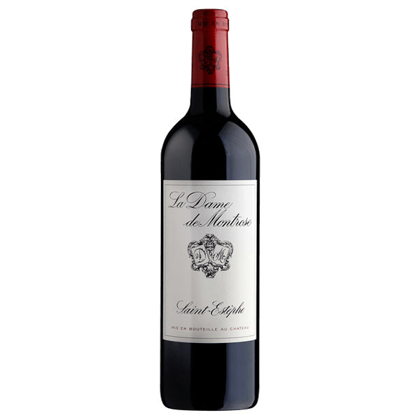Chateau Montrose Dame de Montrose Red Wine Bottle with red topper and white label showing cursive writing