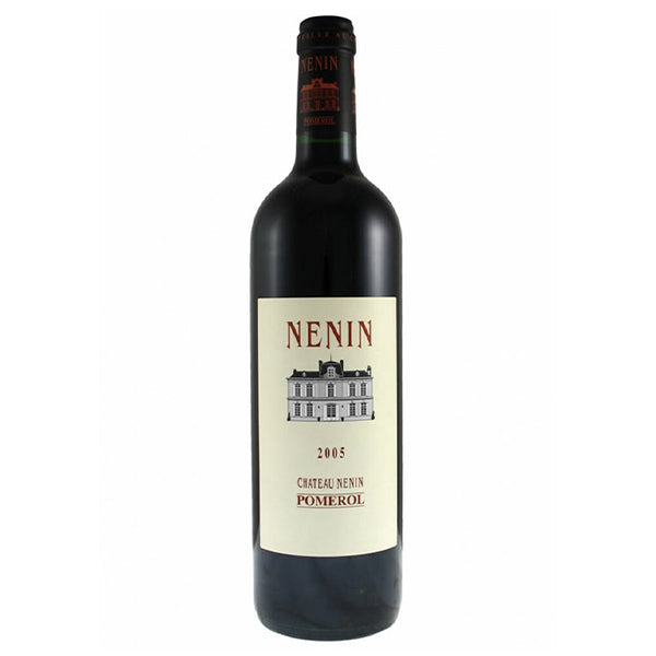 Château Nenin Fugue de Nenin Red Wine bottle with white label showing sketch of chateaux