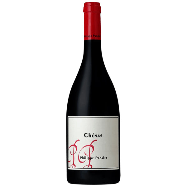 Philippe Pacalet Chénas Red Wine bottle with red topper and white minimalist label