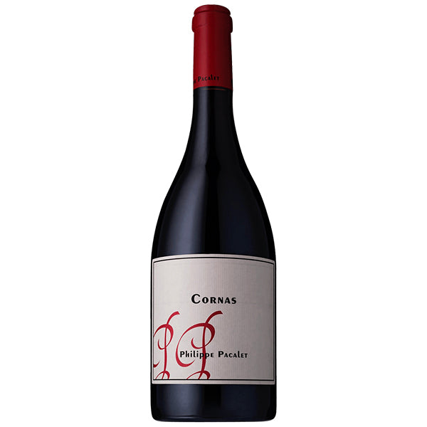 Philippe Pacalet Cornas Red wine bottle with red topper and white minimalist label showing PP signature logo
