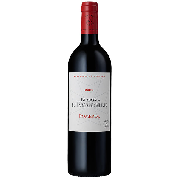 Château l’Évangile Blason de l’Évangile Red wine bottle with red topper and white label showing bold lettering