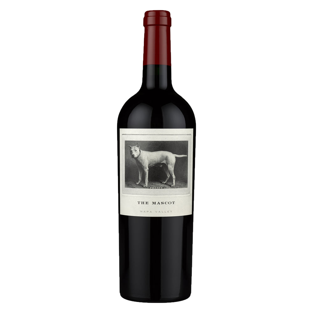 The Mascot Napa Valley Red Wine bottle with wax sealed topper and white label with image of Mascot family dog