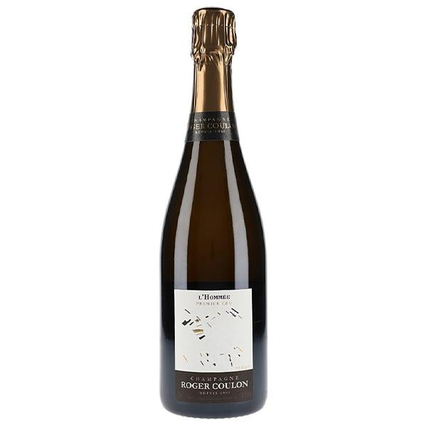 Roger Coulon L'Hommée Champagne dark glass bottle with gold foil topper and white label showing modern design