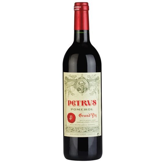 Chateau Petrus Pomerol Red Wine bottle with red topper and aged vintage label with red font and wax stamp design